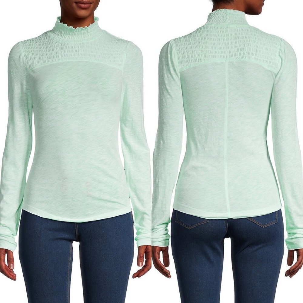 Free People Womens NWOT Green Iced Aqua Caroline Smocked Turtleneck Blouse Large